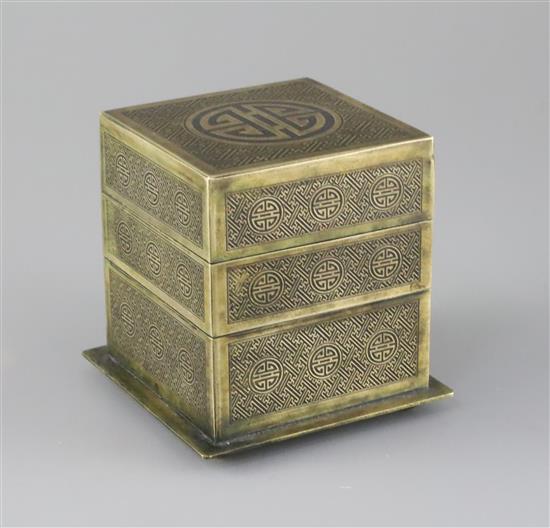 A Chinese bronze shou three tier square box, 19th century, H.10.3cm